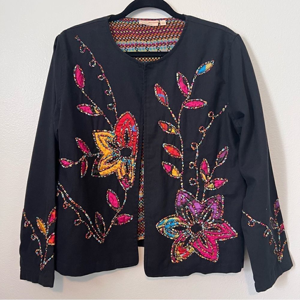 CHOICES Women's Embroidered Floral Black White Jacket Stretch Size Large